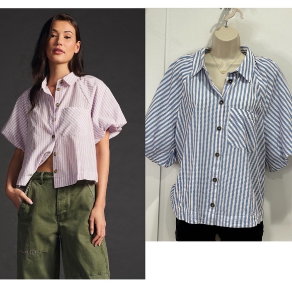 Maeve Tops - Maeve By Anthropologie The Zooey Bubble-Sleeve Blouse Button Down Striped XL